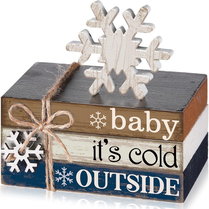 Anglechic 4 Pcs Winter Home Decor Winter Table Decorations Christmas Tiered Tray Decor Centerpiece Decorations Indoor Rustic Wooden Snowflake Block Sign Gift Farmhouse for Kitchen Shelf - Image 1